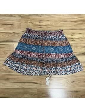 Beachlunchlounge Boho Patchwork Tiered Mini Skirt Smocked Waist Tassel Tie Large